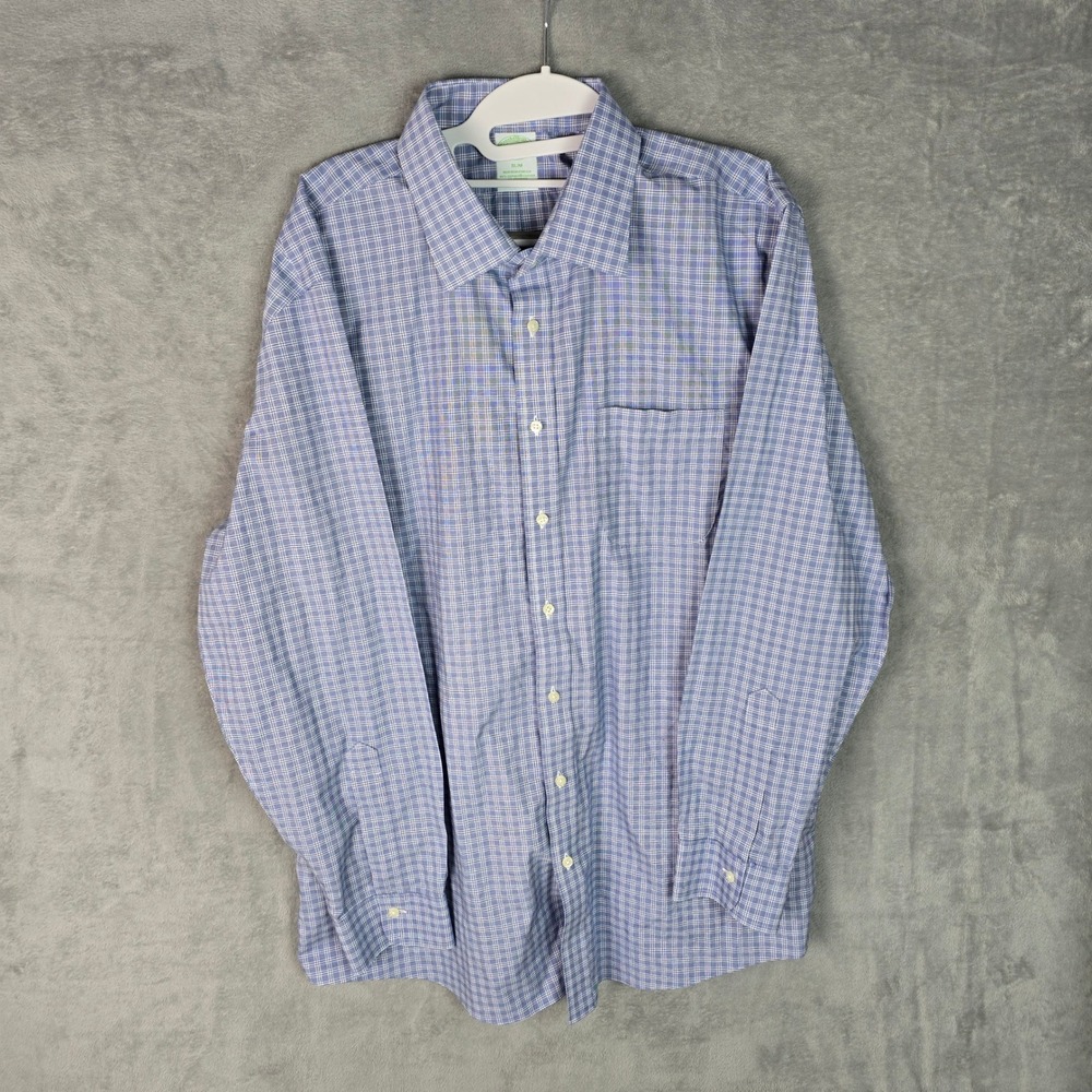 Brooks Brothers Mens Slim Fit Non-Iron Stretch Plaid Dress Shirt Blue 17-34